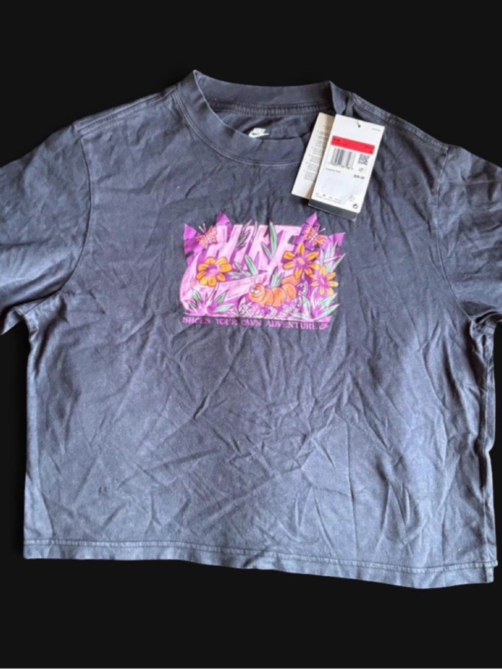 Nike Kids Black Tee with Pink & Purple Floral Logo